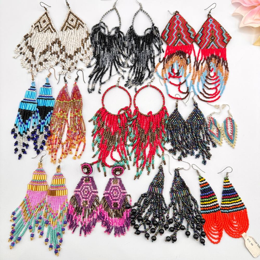 Tribal Ethnic Southwestern Seed Bead Fringe Curtain Earring Lot Colorful Boho